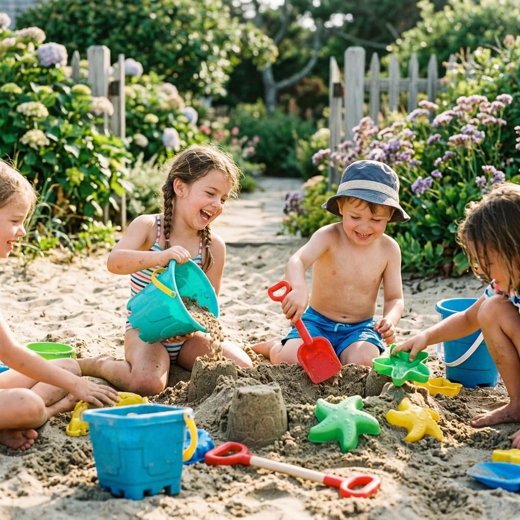 Niños felices jugando con juguetes de playa Chichess